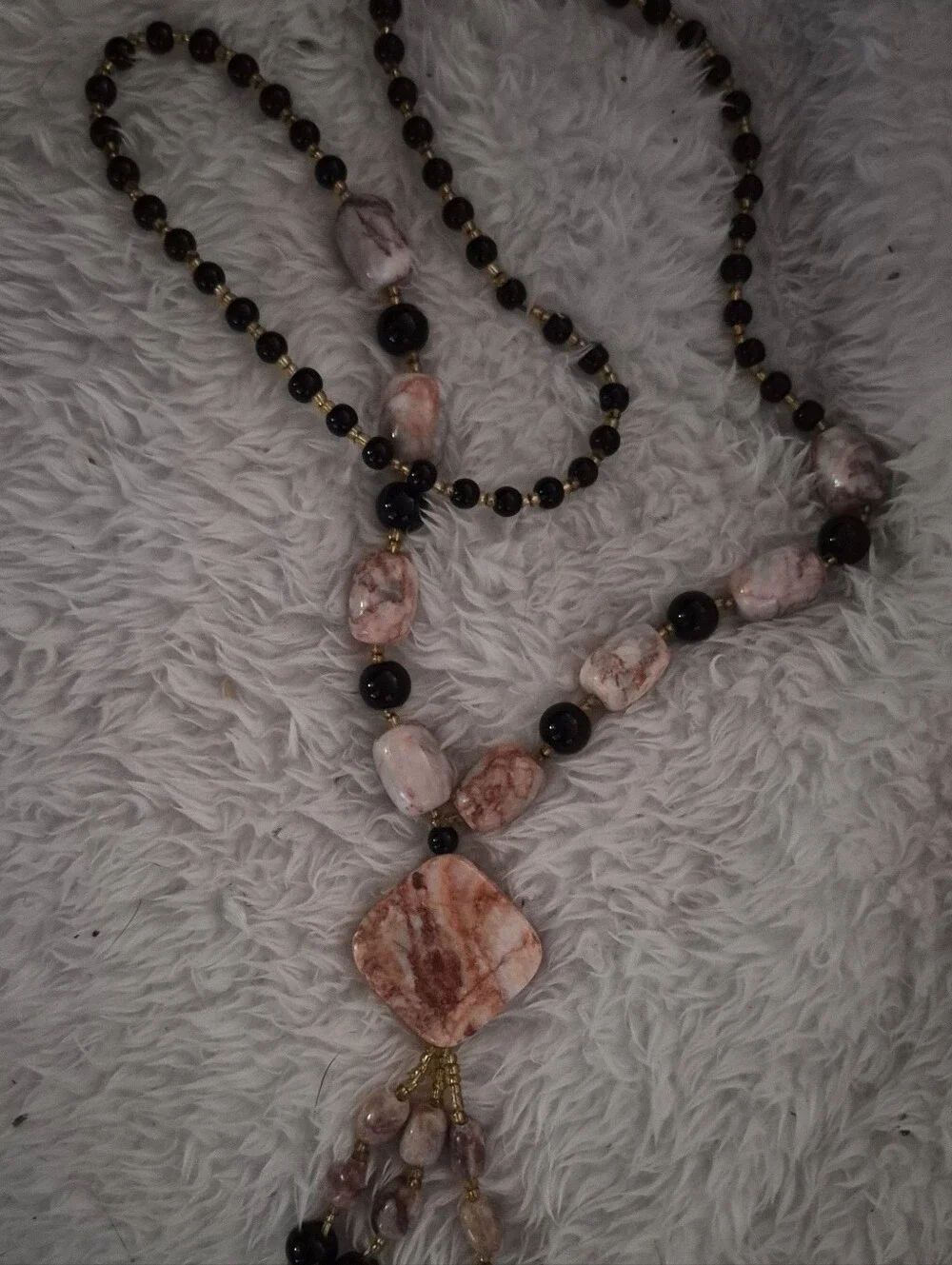 Pink Stone Beaded Pendant Necklace - Women Jewelry Black Onix And Shells. Heavy